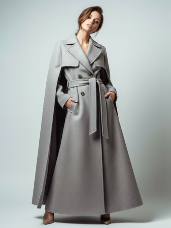 グレイ取り外し可能なケープとベルト付きマキシダブルブレストウールコート（レディース 2025）