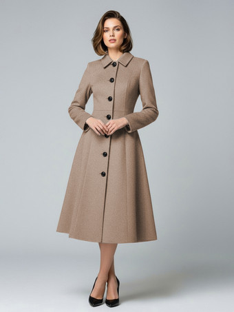 ラクダ色 シャツカラーのウールAラインミディコート（レディース）2025