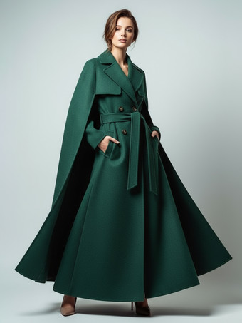 グリーン 取り外し可能なケープとベルト付きマキシダブルブレストウールコート（レディース 2025）