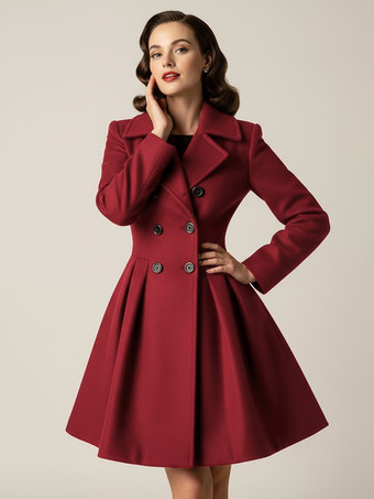 ワインレッド レトロレッド 1950年代風 ダブルブレスト Aライン ウールコート レディース 2025