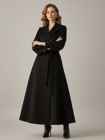 ブラック ベルト付きダブルブレストウールフルレングスコート（バルーンスリーブ）レディース 2025