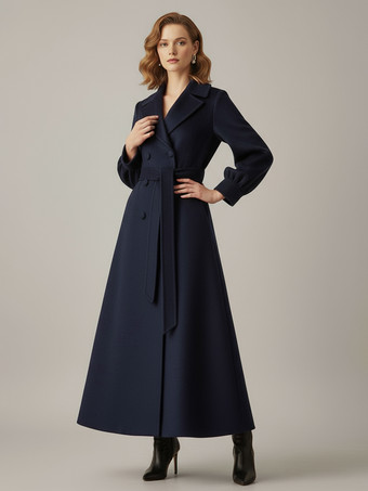 ダークネイビーベルト付きダブルブレストウールフルレングスコート（バルーンスリーブ）レディース 2025