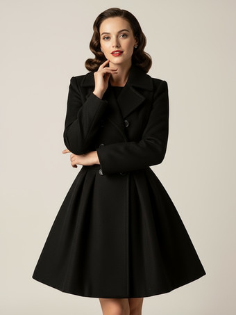 ブラック レトロレッド 1950年代風 ダブルブレスト Aライン ウールコート レディース 2025
