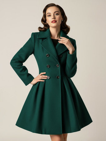 グリーン レトロレッド 1950年代風 ダブルブレスト Aライン ウールコート レディース 2025