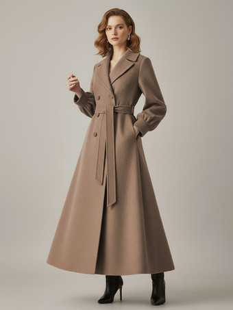 ラクダ色 ベルト付きダブルブレストウールフルレングスコート（バルーンスリーブ）レディース 2025