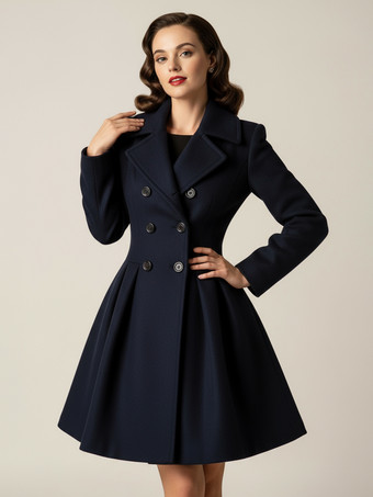 ダークネイビーレトロレッド 1950年代風 ダブルブレスト Aライン ウールコート レディース 2025