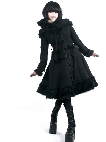 ゴシックロリータコート ブラックコート ポンポン オーバーコート ポリエステル 秋 ロリータ アウター