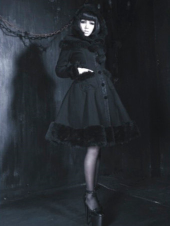 ゴシックロリータコート ブラックコート ポンポン オーバーコート ポリエステル 秋 ロリータ アウター