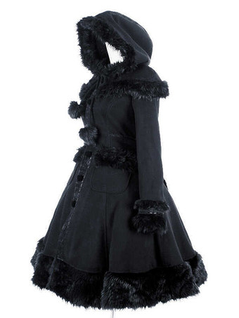 ゴシックロリータコート ブラックコート ポンポン オーバーコート ポリエステル 秋 ロリータ アウター