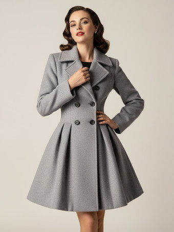 グレイレトロレッド 1950年代風 ダブルブレスト Aライン ウールコート レディース 2025