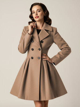 ラクダ色 レトロレッド 1950年代風 ダブルブレスト Aライン ウールコート レディース 2025