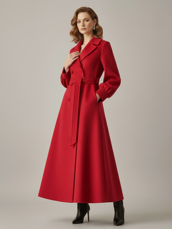 レッド ベルト付きダブルブレストウールフルレングスコート（バルーンスリーブ）レディース 2025