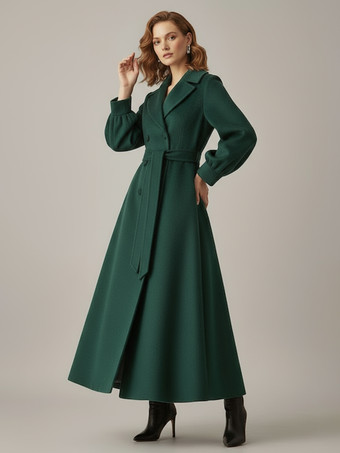 グリーン ベルト付きダブルブレストウールフルレングスコート（バルーンスリーブ）レディース 2025