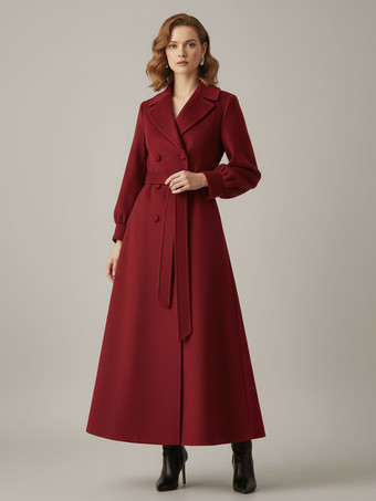 ワインレッド ベルト付きダブルブレストウールフルレングスコート（バルーンスリーブ）レディース 2025