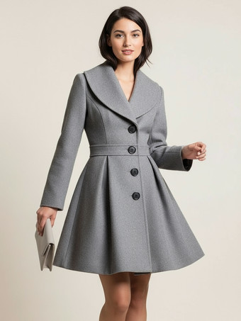 グレイウール混紡Aラインコート（ショールカラー、ブラックボタン付き、レディース）2025年モデル