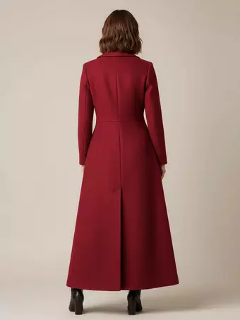Shawl Collar Full-Length Woolen Coat With A-Line And V-Neck For