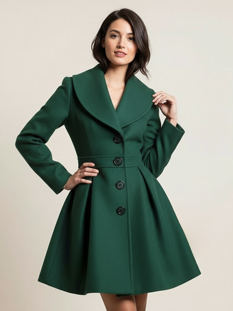 グリーン ウール混紡Aラインコート（ショールカラー、ブラックボタン付き、レディース）2025年モデル