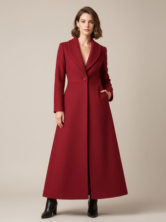 ワインレッド ショールカラーのフルレングスウールコート（Aライン、Vネック、レディース）2025