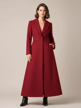 Shawl Collar Full-Length Woolen Coat With A-Line And V-Neck For