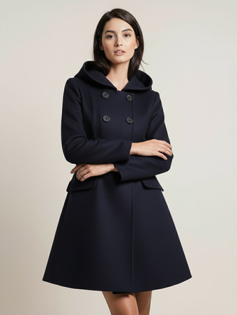 ダークネイビーダブルブレストデザインとベルト付きフード付きAラインミディコート（レディース 2025）