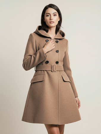 ラクダ色 ダブルブレストデザインとベルト付きフード付きAラインミディコート（レディース 2025）