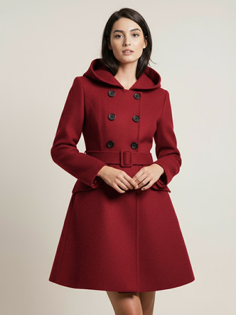 ワインレッド ダブルブレストデザインとベルト付きフード付きAラインミディコート（レディース 2025）