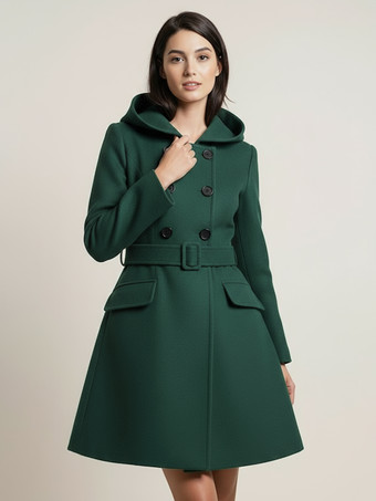 グリーン ダブルブレストデザインとベルト付きフード付きAラインミディコート（レディース 2025）