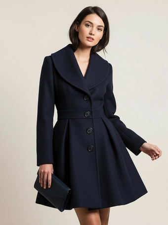 ダークネイビーウール混紡Aラインコート（ショールカラー、ブラックボタン付き、レディース）2025年モデル