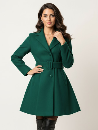 グリーン 2025年レディース向けベルト付きレッドウールブレンドフレアコート