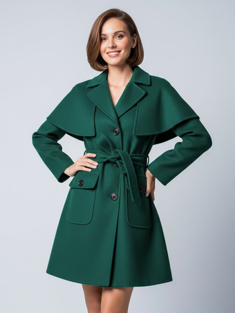 VerdeCappotto corto in lana con cintura mantellina staccabile e silhouette a trapezio per donna 2025