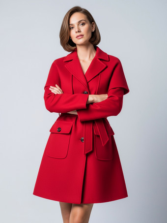 Rosso Cappotto corto in lana con cintura mantellina staccabile e silhouette a trapezio per donna 2025