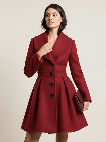ワインレッド ウール混紡Aラインコート（ショールカラー、ブラックボタン付き、レディース）2025年モデル