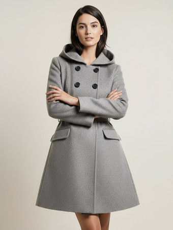 グレイダブルブレストデザインとベルト付きフード付きAラインミディコート（レディース 2025）