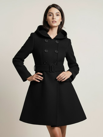 ブラック ダブルブレストデザインとベルト付きフード付きAラインミディコート（レディース 2025）