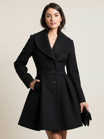 ブラック ウール混紡Aラインコート（ショールカラー、ブラックボタン付き、レディース）2025年モデル