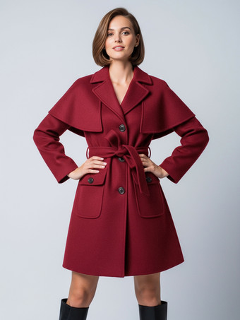 BordeauxCappotto corto in lana con cintura mantellina staccabile e silhouette a trapezio per donna 2025