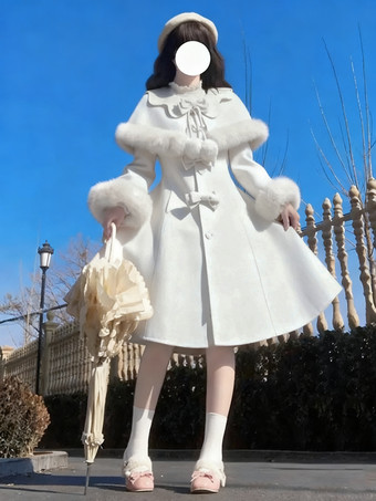 ホワイト スイートロリータコート ピンクコート リボンオーバーコート ポリエステル 冬用ロリータアウター