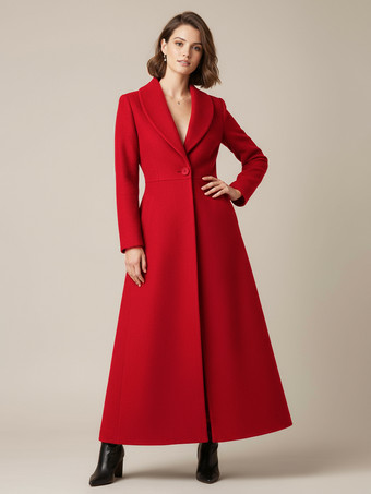 レッド ショールカラーのフルレングスウールコート（Aライン、Vネック、レディース）2025