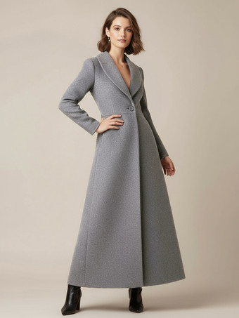 グレイショールカラーのフルレングスウールコート（Aライン、Vネック、レディース）2025
