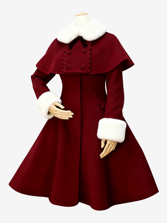 バーガンディーロリィタアウターウェア コート 編み上げ ウール　カジュアル スウィート 長袖 折り襟 無地