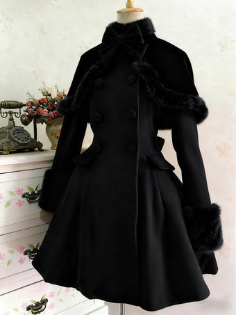 ブラック クラシックなロリータウールコート ボウ付きダブルブレスト ファー付きロリータ冬用オーバーコート