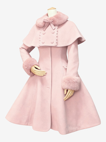 ピンクロリィタアウターウェア コート 編み上げ ウール　カジュアル スウィート 長袖 折り襟 無地