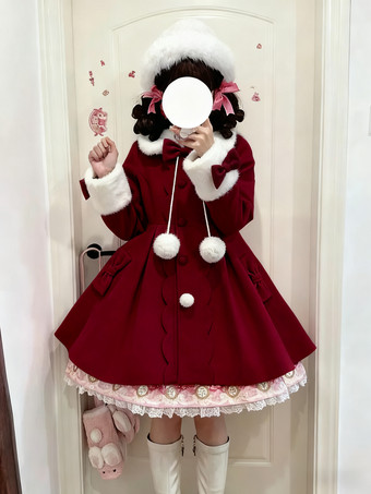 バーガンディースイートロリータコート ピンクのリボン ポンポン ポリエステル オーバーコート 冬用ロリータアウター