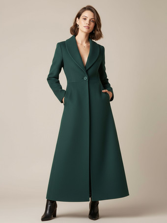 グリーン ショールカラーのフルレングスウールコート（Aライン、Vネック、レディース）2025