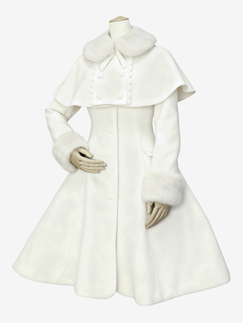 ホワイト ロリィタアウターウェア コート 編み上げ ウール　カジュアル スウィート 長袖 折り襟 無地