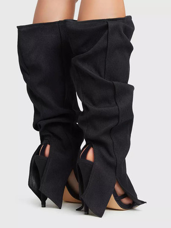 レディースニーハイブーツ デニム オープントゥ カットアウトデザイン ハイヒールブーツ