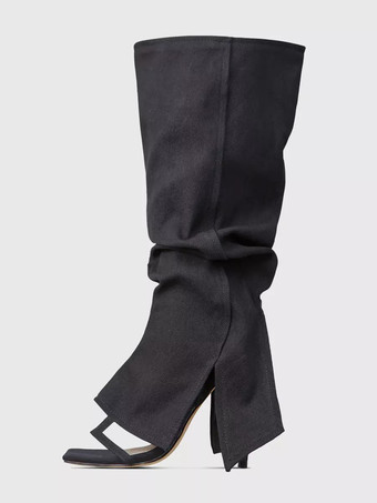 ブラック レディースニーハイブーツ デニム オープントゥ カットアウトデザイン ハイヒールブーツ