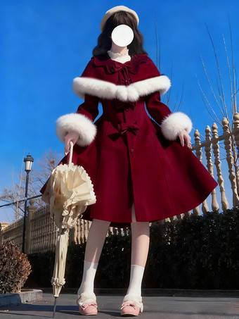 バーガンディースイートロリータコート ピンクコート リボンオーバーコート ポリエステル 冬用ロリータアウター