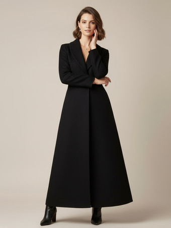 ブラック ショールカラーのフルレングスウールコート（Aライン、Vネック、レディース）2025