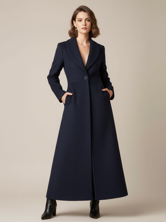 ダークネイビーショールカラーのフルレングスウールコート（Aライン、Vネック、レディース）2025